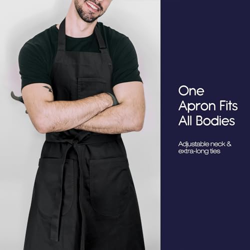 Unisex Apron with Pockets for Cooking, Salon & Art - 100% Cotton Adult Kitchen, Chef, Stylist Apron (Black) - color: Black