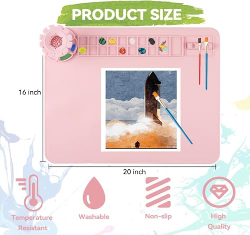 Silicone Craft Mat,20"x 16" Painting mat Palette for Resin Casting Mold Mat, Nonstick Craft Sheet with Removable Cleaning Water Cup for Painting, Clay, Art, DIY Projects (Pink) - color: Pink