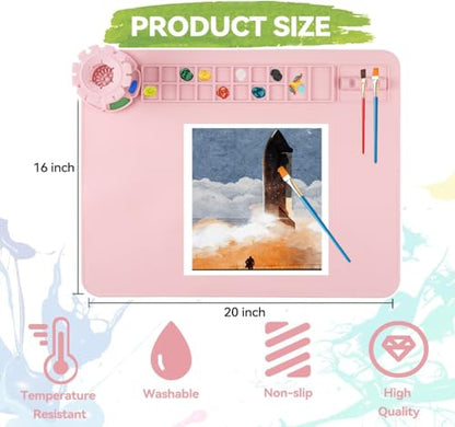 Silicone Craft Mat,20"x 16" Painting mat Palette for Resin Casting Mold Mat, Nonstick Craft Sheet with Removable Cleaning Water Cup for Painting, Clay, Art, DIY Projects (Pink) - color: Pink