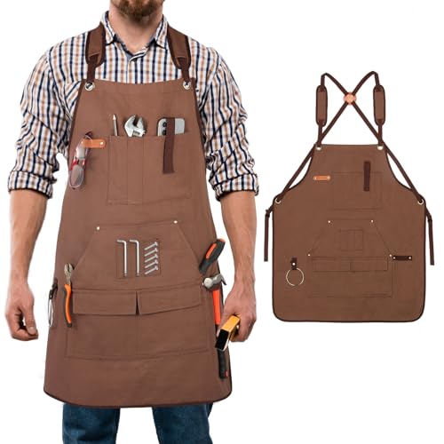 Men's Canvas Tool Apron, Heavy Duty Multi-Pocket Work Apron for Woodworking Gardening Bartender Adjustable Straps - color: Brown