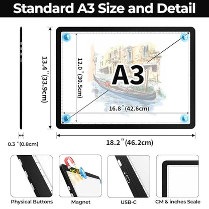 Heanolier A3 tracing Light Box with Bag,(18.2"L x 13.4"W) Super Bright Magnetic Light Pad with Side Buttons,USB-C Power Dimmerable Copy Table, Light board for Diamond Painting,Tattoo Drawing,Sketching - color: Black, size: A3 with Bag