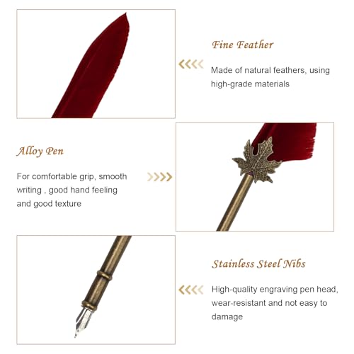 AHIER Quill Pen and Ink Set, Feather Pen Quill Pen Set Includes 5 Steel Replacement Nibs,Pen Nib Base and Dip Ink Bottle for Antique Calligraphy (Red) - color: Red