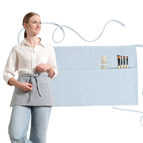 MEEMA Chef Waist Aprons for Women with Pockets, Adjustable Cooking Aprons - color: Blue Denim, style: Pro Chef Twill