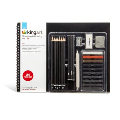 KINGART 24 Pc Sketching & Drawing Art Kit Combo w/Sketchbook, Graphite & Charcoal Pencils, Professional Supplies for All Skill Levels