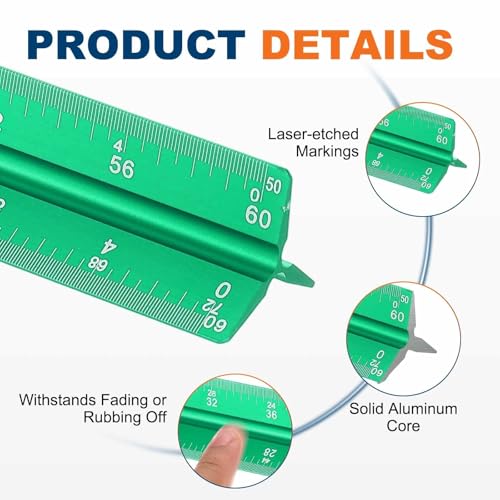HARFINGTON 2 Pcs Architectural Scale Ruler, 12 Inch Standard Aluminum Alloy Architect Triangular Large Scale Laser-Etched Blueprint Drafting Ruler for Architects Engineers, Green - color: Green, size: 12 Inch