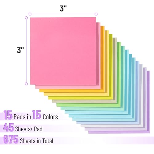 Mr. Pen- Sticky Notes, 3"x3", 15 Pads, 675 Sheets, Pastel Colors