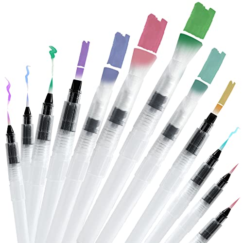 Junreox 12Pcs Watercolor Brush Pens, Leakproof, 6 Point Tips, 6 Flat Tips - size: 6 point tip and 6 flat tip
