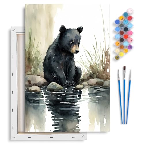 Yezavesu Framed Paint by Numbers Kit for Adults Beginner & Kids Ages 8-12, Bear Paint by Numbers with Frame, DIY Watercolor Number Painting for Adults Bear for Home Wall Decor Gift 8X 12 inch | With Frame Canvas 8x12 inch, DIY Acrylic Painting by Numbers