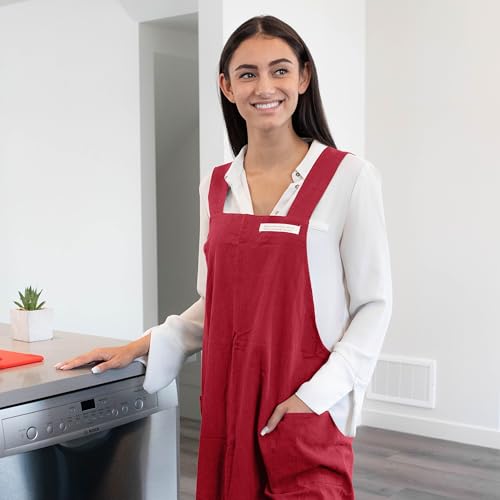 Cotton Aprons for Women and Men | Cross-Back Apron with Pockets - color: Red