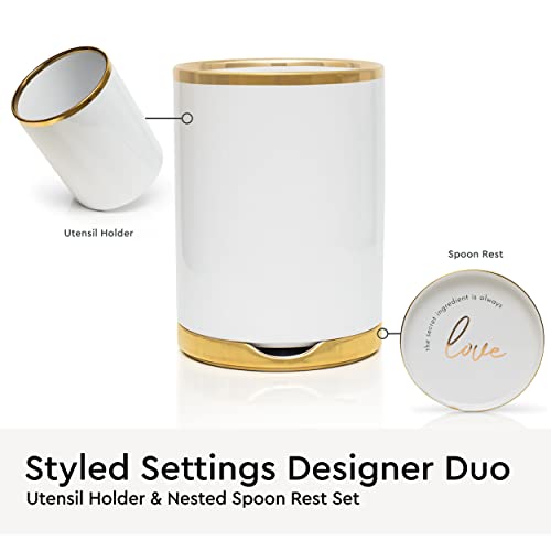 STYLED SETTINGS White Utensil Holder with Built-In Ceramic Spoon Rest | 2-Piece White and Gold Spatula Holder, Kitchen Accessory, Utensils Not Included, White & Gold - color: White & Gold
