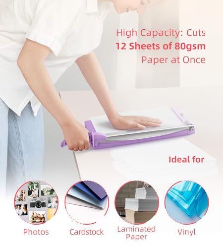 Firbon 12" Guillotine Paper Cutter with Hidden Ruler, Compact Paper Trimmer | 12-Sheet Capacity | Purple | Dual Scales | Paper, Cardstock & Photo Trimming | Scrapbooking Craft | Office, Home & Studio Use - color: Purple