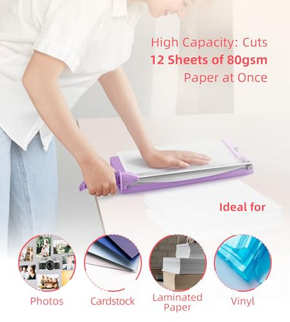 Firbon 12" Guillotine Paper Cutter with Hidden Ruler, Compact Paper Trimmer | 12-Sheet Capacity | Purple | Dual Scales | Paper, Cardstock & Photo Trimming | Scrapbooking Craft | Office, Home & Studio Use - color: Purple