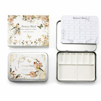 Bower Bird Travel Watercolor Palette,Portable Ceramic Palette 6 Well,Empty Paint Palette,Small Travel Metal Paint Boxwith Porcelain Palette (6Well)