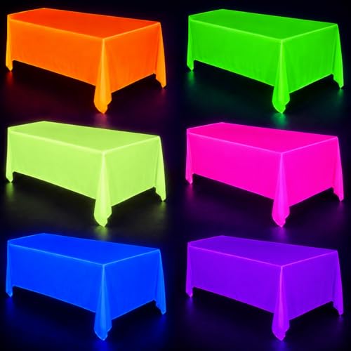 6 Pack Neon Table Cloths, Pink Orange Yellow Green Blue Purple Glow in The Dark Plastic Tablecloth, Disposable Rainbow Table Cover for Glow in Dark Neon Party Supplies Decorations (6)