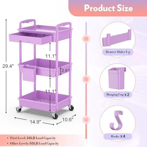 SUNALLY Makeup Cart Organizer with Drawer,3 Tier Rolling Makeup Cart,Purple - color: Purple, size: 3 Tier