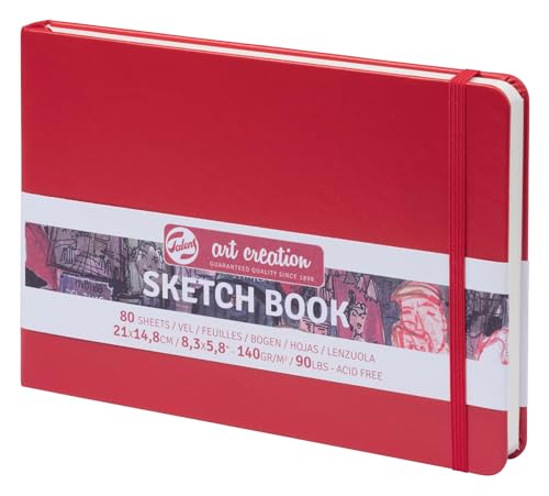 Talens Art Creation Sketchbook Red 14,8X21 cm, 140 Grams | Hard-Bound Pocket Notebook, 140 GSM/94 lbs Paper, Acid-Free Cream Blank Paper, Ribbon Bookmark and Elastic Closure - color: red, size: 21×15cm