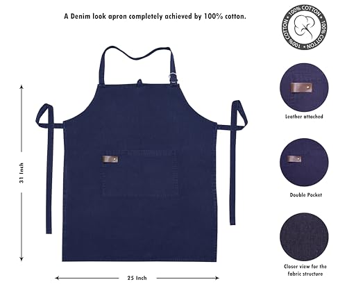 100% Cotton washed Apron with Pocket and Adjustable Neck with Long Ties Apron 25" X 31" for Women Men Chef Cooking, Baking, Gardening, Navy blue
