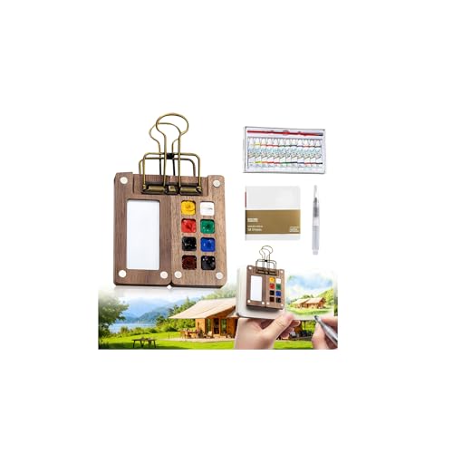 Mini Watercolor Travel Paint Set,Travel Watercolor Kit, Portable Artist Palette Sets with 24 colors, 3 Pens, Brush, Sketchbook, Binder Clips, Colours, Wooden Paint Box for Artists, Students & Beginners (16 colors) - color: 16 colors