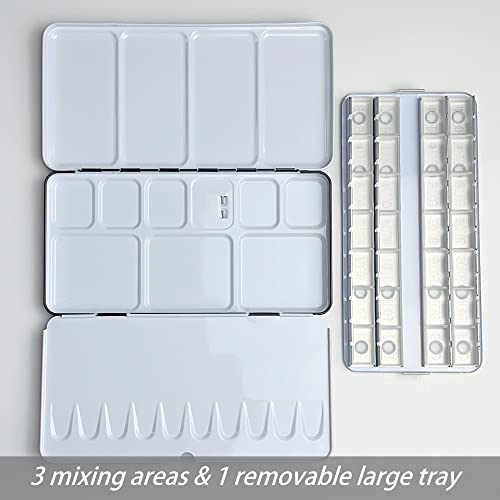Large Watercolor Palette Tin with 28Pcs Watercolor Full Pans | Empty Metal Palette, 28Pcs White Full Pans, Folding Paint Tray, Palette with Lid, Mixing Area for Watercolor, Oils Gouache - style: Tin with 28 Transparent Full Pans