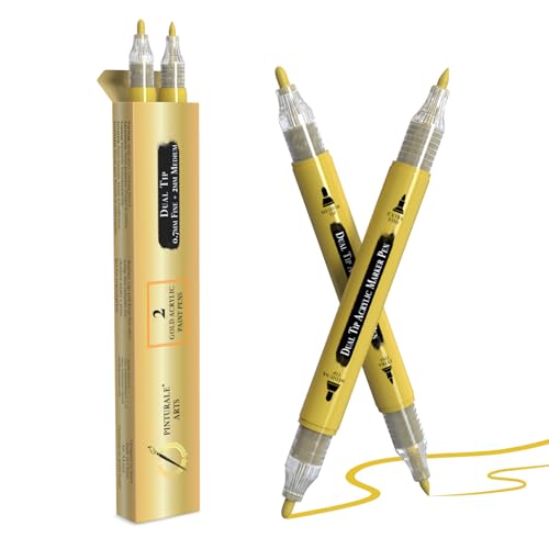 Pinturale Arts 2 Gold Acrylic Paint Pen | Set 2 Gold Paint Marker Metallic | Dual Tip (Fine 0,7mm and Medium 3mm) | For Black Paper, Ceramics, Rock Painting, Glass, Wood, Metal - color: Gold