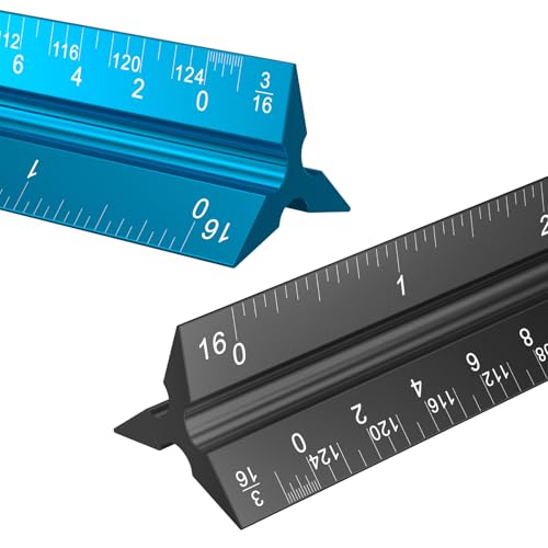 Rena Chris 2PCS Architectural Scale Ruler: 12" Imperial Aluminum Alloy Metal Architecture Measuring Tools, Engineering Drafting Construction Drawing Blueprints Triangular Architect Scaling Rulers - color: Blue+Black