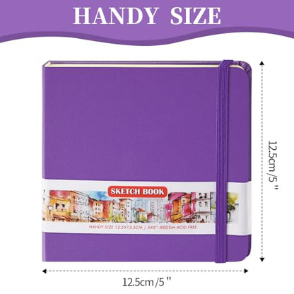 5x5 Pocket Sketch Book,80gsm Hardcover Art Sketchbook for Drawing Journal | PU Cover,Blank Paper,96Sheets/192Pages,Lay-Flat,Portable Travel Creation Paint Diary Memo Planner,Dry Media.Purple - color: PU Cover-5x5in-Purple