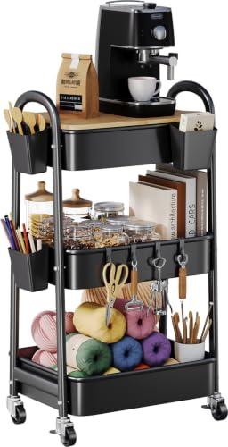 3 Tier Metal Rolling Cart with Wheels and Wooden Table Top, Three Tiered Craft Cart Organizer on Wheels, Black Storage Utility Carts for Art, Diaper Caddy, Baby Nursery, Office, Laundry, Snack, Book - color: Black