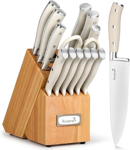 Kuisine Premium Chef Knife Set,High Carbon Stainless Steel Razor-Sharp Blade Ergonomic Handle,Knife Block Set with Built-in Sharpener,Elegant Gift for Holiday(Ivory Pro Acacia,15PCS) - color: Pro Acacia Horizontal Slot, size: 15 pieces