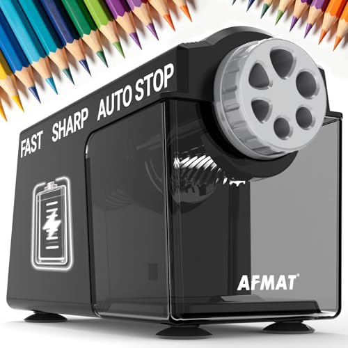 AFMAT Electric Pencil Sharpener for Classroom, 6 Holes, Cordless & Rechargeable, Super Fast, Auto Stop, 10K+ Uses, Heavy Duty Pencil Sharpener for 6-11mm No.2/Large/Colored Pencils PSD4(Black) - color: Black