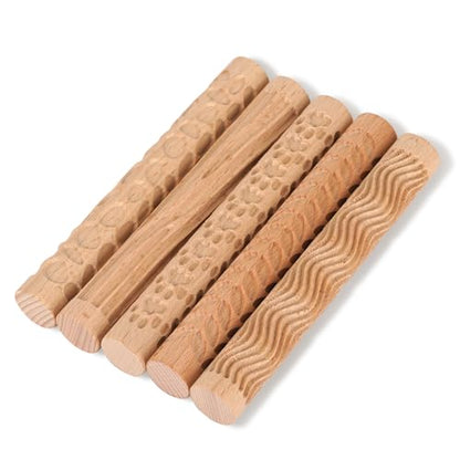 Wooden Handle Pottery Tools Clay Modeling Pattern Rollers, Brown | Clay Texture Rollers Set of 5 - color: Set of 5