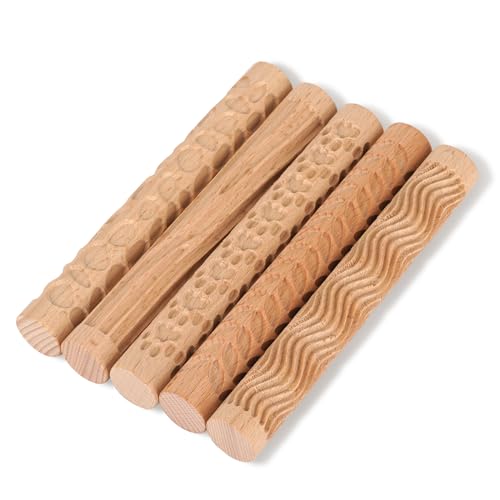 Wooden Handle Pottery Tools Clay Modeling Pattern Rollers, Brown | Clay Texture Rollers Set of 5 - color: Set of 5