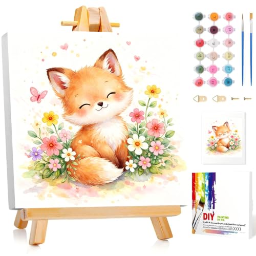 Fox Paint by Numbers Kit for Kids with Frame Wooden Easel, 8x8 inch - color: style-16
