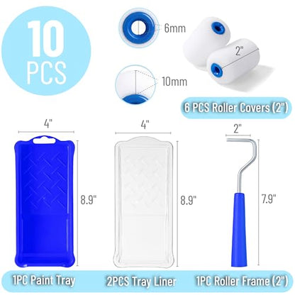 Bates- 2 Inch Foam Paint Roller Kit, 10 Pack Small Paint Roller Kit | 1x Plastic Paint Tray 2x Clear Disposable Tray Liners 1x Roller Frame & 6x Mini Foam Covers for Painting Wall Door Cabinet - color: Blue