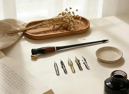 Wood Calligraphy Oblique Dip Pen Holder Set | Removable Nib Pen Handle with 5 Nibs for English Calligraphy Drawing Comic, Black - color: Black