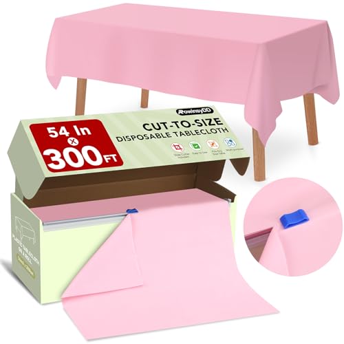 RowinsyDD 54 in X 100 FT Pink Plastic Table Cover Roll with Slide Cutter | Disposable Plastic Table Cloths,Disposable Table Cloths Disposable for Dinning, Parties, BBQ, Wedding, Birthdays, Outdoor - color: Pink, size: 3600" x 54" (Rectangular)
