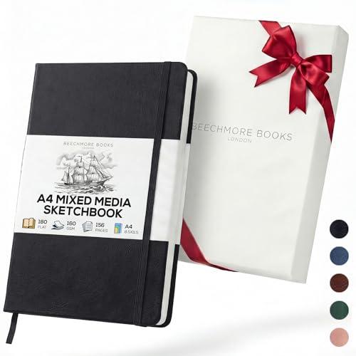 Beechmore Books A4 8.5x11 Mixed Media Sketchbook 160 GSM/98LB with Gift Box | Hardcover Art Journal with Lay-Flat Binding, 156 Perforated Ivory Pages for Drawing, Ink & Light Watercolor - color: Charcoal Black, size: A4 - 8.5" x 11.5" Large