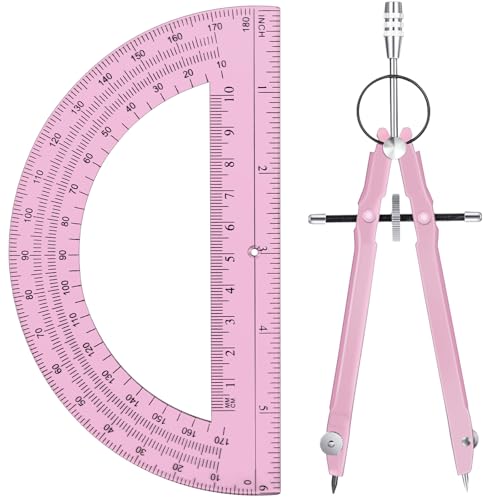 EBOOT Student Geometry Math Set, Metal Drawing Compass and 6 Inch Clear Swing Arm Protractors 180 Degree Math Protractor(Pink and Pink) - color: Pink and Pink