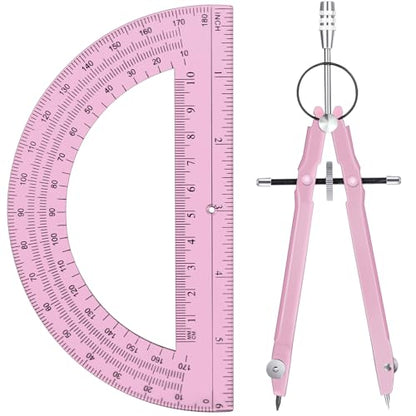 EBOOT Student Geometry Math Set, Metal Drawing Compass and 6 Inch Clear Swing Arm Protractors 180 Degree Math Protractor(Pink and Pink) - color: Pink and Pink