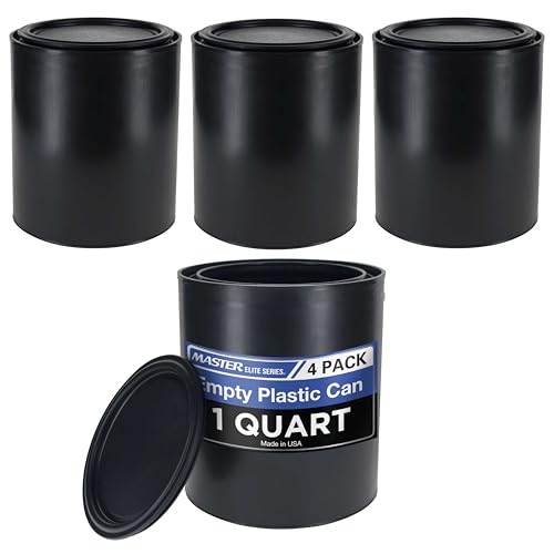 Master Elite 1 Quart Empty Plastic Paint Can Bucket, Pack of 4 - Triple Lock Airtight Lid Seal, 32 fl. oz. All-Plastic Coating Storage Container Can - Pail Handle, Dent & Rust Proof, Odor Resistant - size: Quart