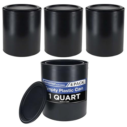 Master Elite 1 Quart Empty Plastic Paint Can Bucket, Pack of 4 - Triple Lock Airtight Lid Seal, 32 fl. oz. All-Plastic Coating Storage Container Can - Pail Handle, Dent & Rust Proof, Odor Resistant - size: Quart