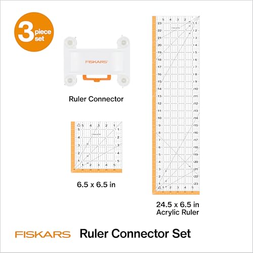 Fiskars 3-Piece Ruler & Connector Set, 6.5" x 6.5" & 6.5" x 24.5" Rulers | Connect Two Sewing Rulers of Any Size w/ Connector, Precision Measuring Tool for Arts & Crafts, Easy Alignment & Cutting - size: 6.5" x 6.5" and 6.5" x 24.5"