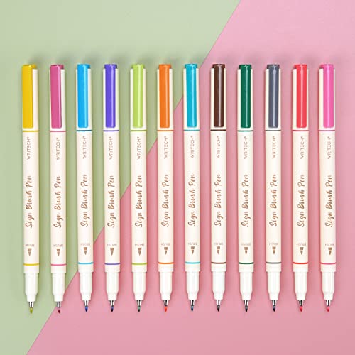 WRITECH Brush Tip Marker Pens: Artist Markers Flexible Tip Water Based 12ct Assorted Colors for Journaling Adult Coloring Hand Lettering Calligraphy Drawing Vibrant Colored - color: Vibrant