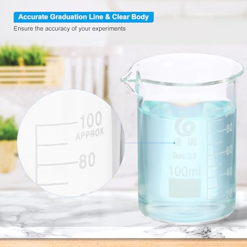 PATIKIL 100ml Low Form Glass Beaker, 6Pcs 3.3 Borosilicate Glass Beakers Graduated Measuring Cup with Spout for Lab Experiment, Cooking and Baking, Clear - size: 100ml