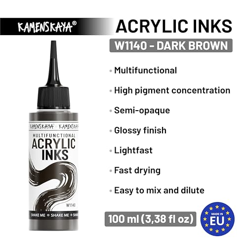 KAMENSKAYA Acrylic Inks for Artists - Dark Brown Acrylic Ink, 3.38 Fl Oz (100 ml) | Highly Concentrated, Multifunctional Liquid Acrylic Paint - color: Dark Brown