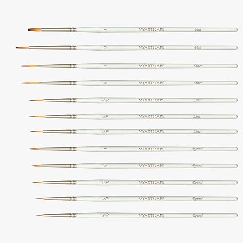 MyArtscape Miniature Paint Brushes - 12 Detail Brushes with Holder | Fine tip paint brushes for acrylic watercolor gouache oil miniatures paint by number nail art and detailing