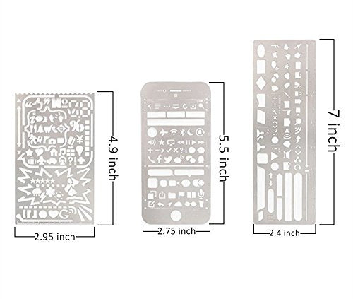 Yansanido Pack of 3 Stainless Steel Drawing Ruler, Painting Stencils, Scale Template Sets, Graphics Stencils, Number Template Ruler for Very Fine Pen Tip