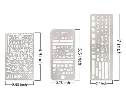 Yansanido Pack of 3 Stainless Steel Drawing Ruler, Painting Stencils, Scale Template Sets, Graphics Stencils, Number Template Ruler for Very Fine Pen Tip