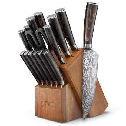 Yatoshi Professional Kitchen Knife Set, 15 Pieces, High Carbon Stainless Steel, Ergonomic Handle - color: Brown, size: 15-Piece