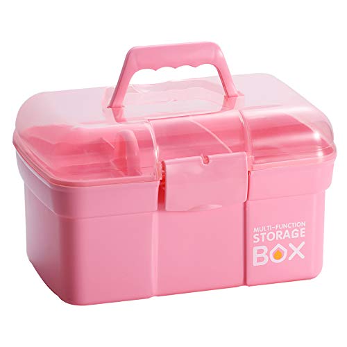 Kinsorcai 11'' Plastic Storage Box with Removable Tray, Multipurpose Organizer and Storage Case for Art Craft and Cosmetic (Pink) - color: Pink