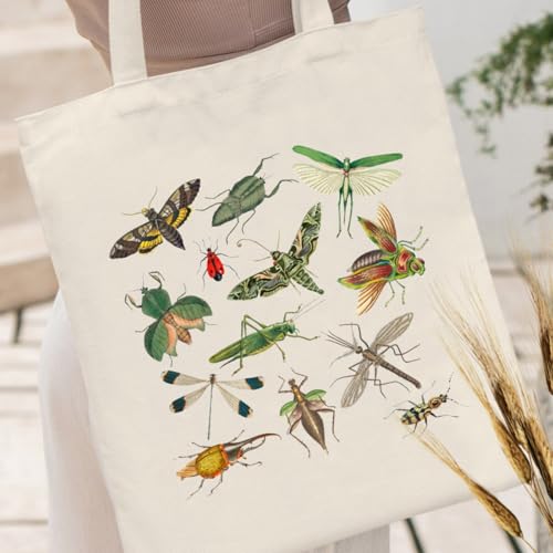 Canvas Aesthetic Tote Bag for Women with Inner Pocket Totes Shoulder Book Bag Shopping Reusable Grocery Bags - color: Bugs Pattern